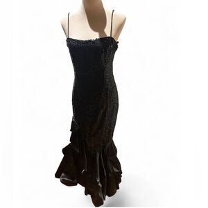 Vintage 80s Miniam’s Fashion Black sequin mermaid dress with ruffles and straps